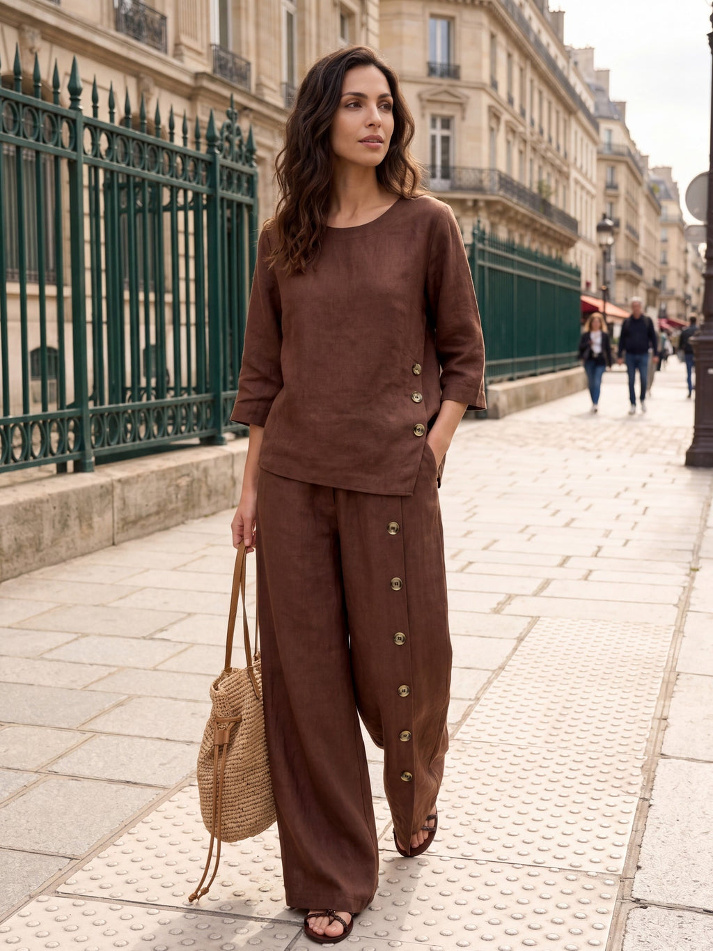 100% Linen Buttoned Slit-Hem Pants KATYA-LINTICO