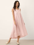 100% Linen Asymmetric Pleat A-Line Midi Dress KARINA