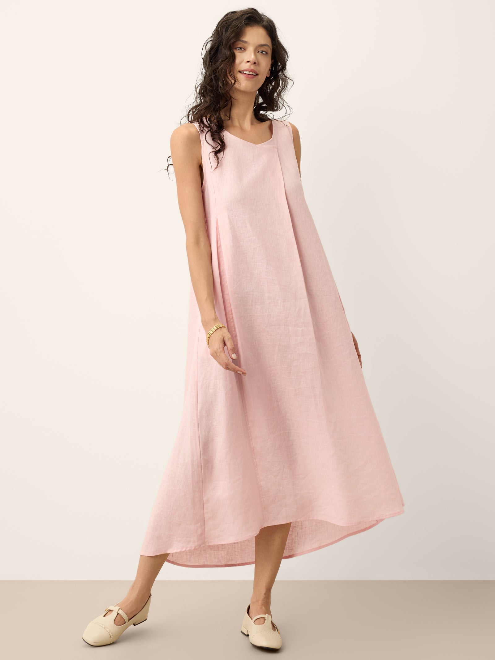 100% Linen Asymmetric Pleat A-Line Midi Dress KARINA