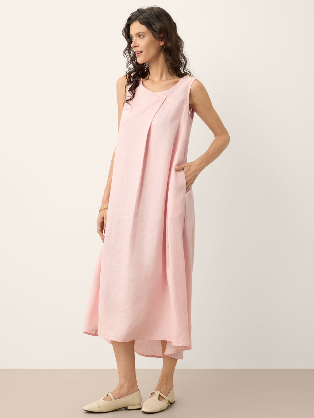 100% Linen Asymmetric Pleat A-Line Midi Dress KARINA