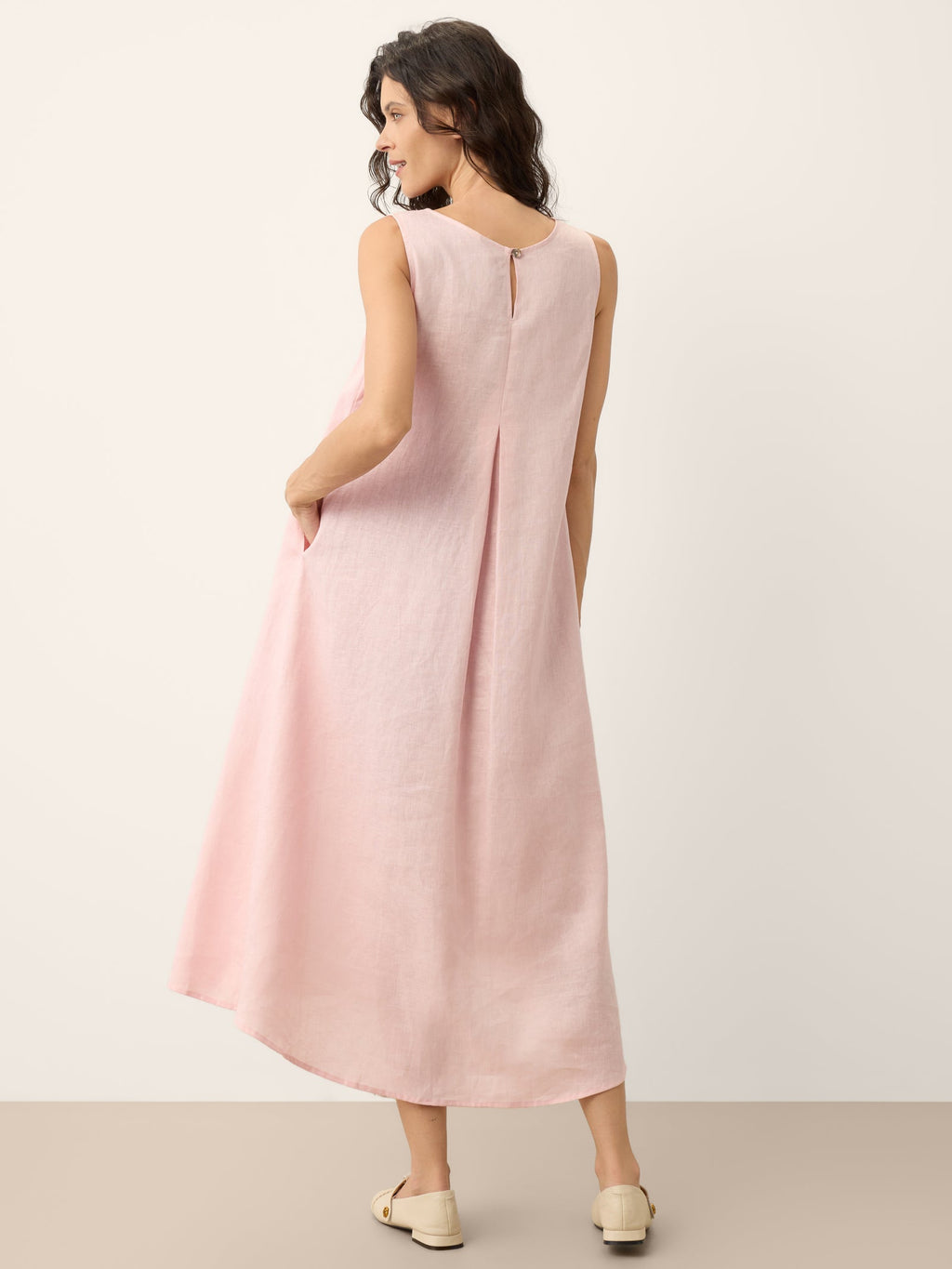 100% Linen Asymmetric Pleat A-Line Midi Dress KARINA