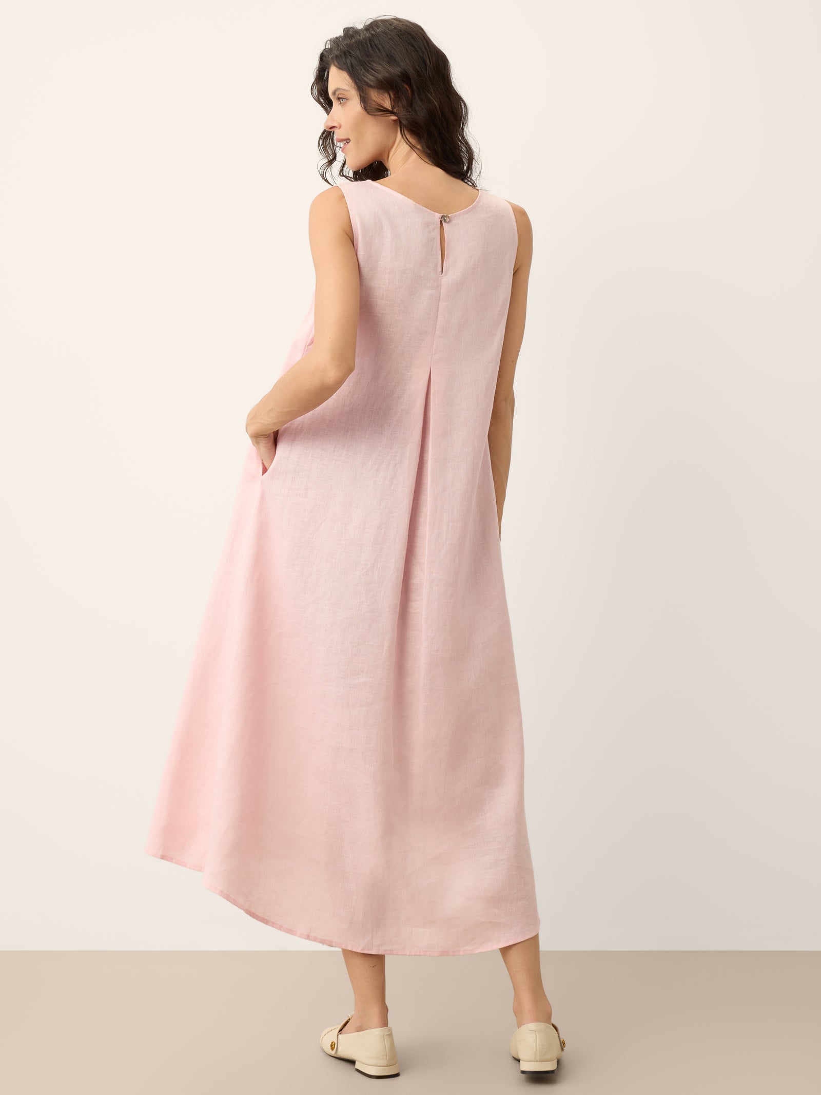 100% Linen Asymmetric Pleat A-Line Midi Dress KARINA