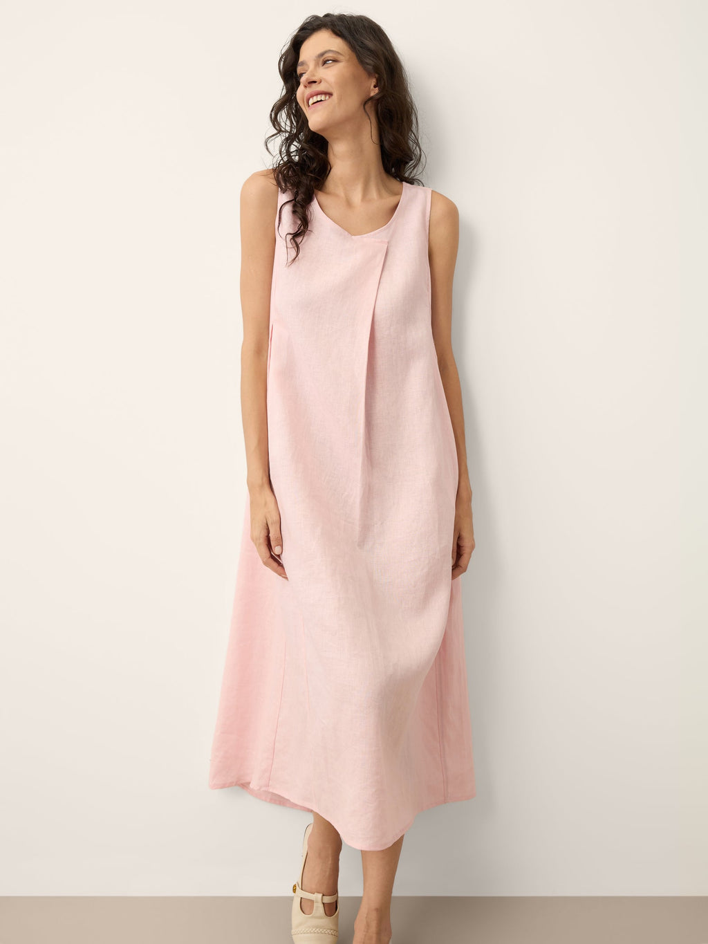 100% Linen Asymmetric Pleat A-Line Midi Dress KARINA