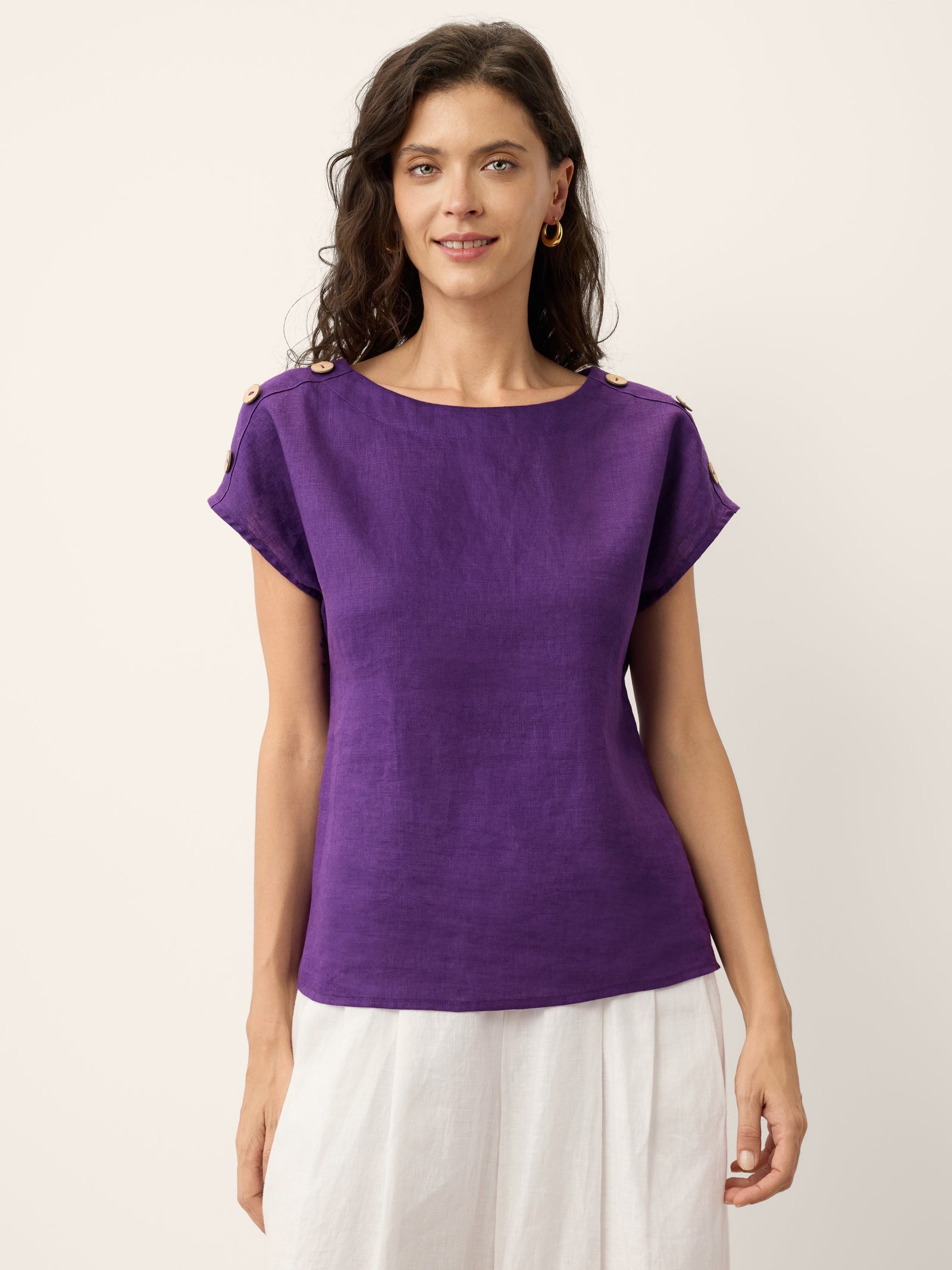 100% Linen Round Neck Button Detail Top ISABELLE-LINTICO