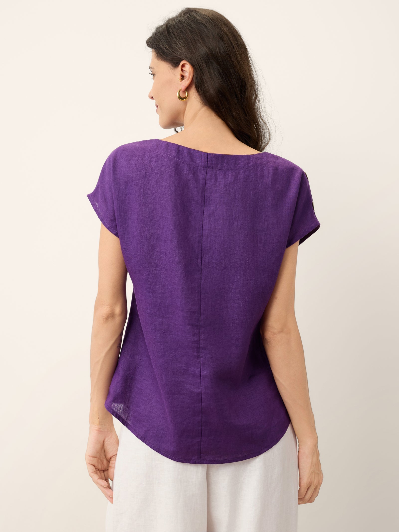 100% Linen Round Neck Button Detail Top ISABELLE-LINTICO