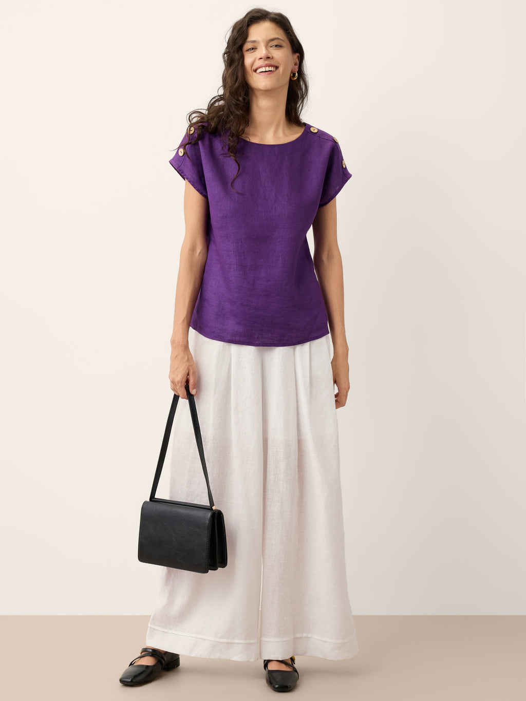 100% Linen Round Neck Button Detail Top ISABELLE-LINTICO