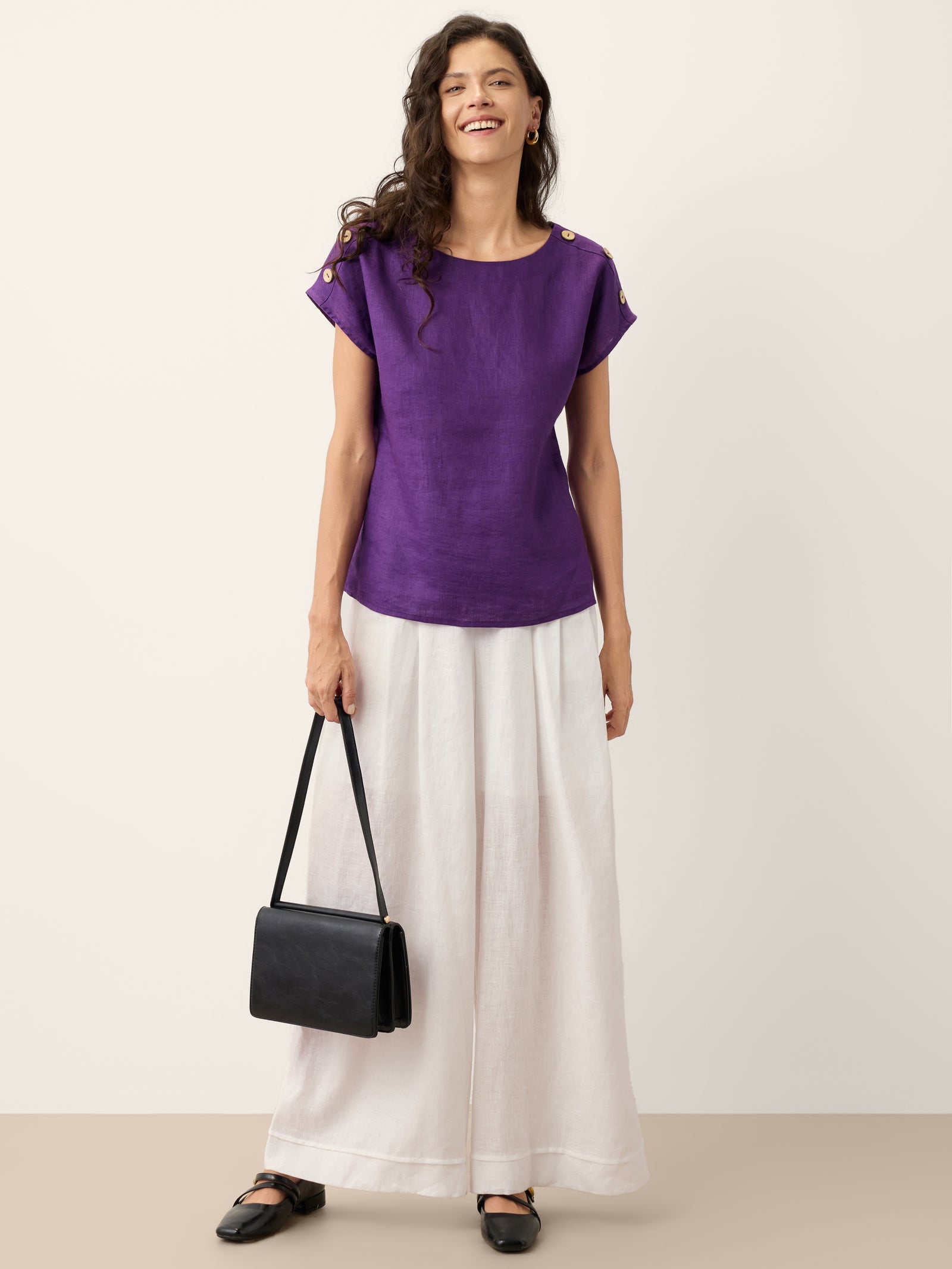 100% Linen Round Neck Button Detail Top ISABELLE-LINTICO