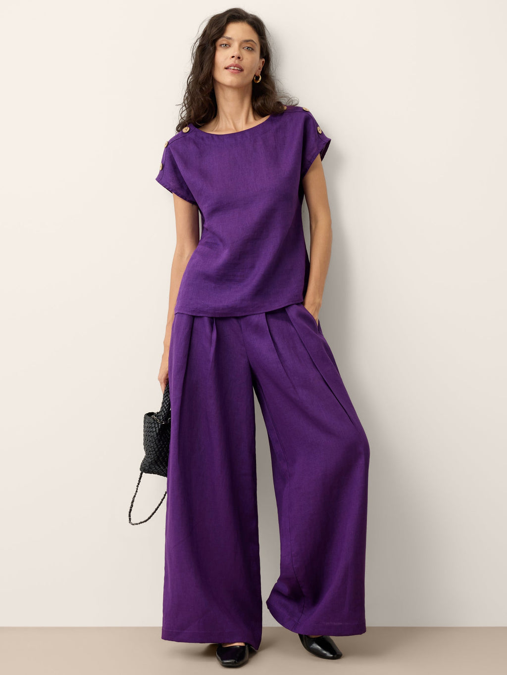 100% Linen Round Neck Button Detail Top ISABELLE-LINTICO