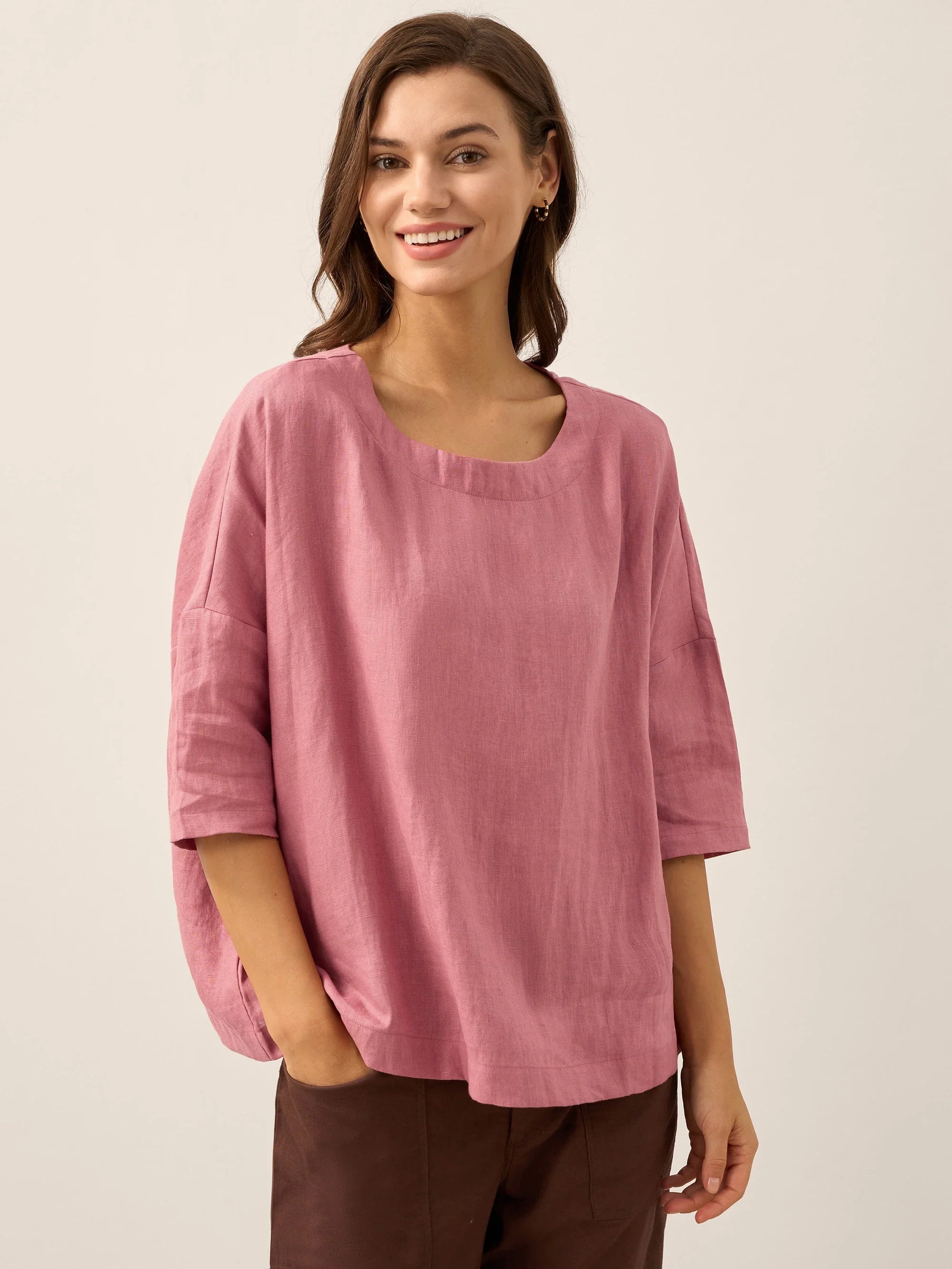 100% Linen Boatneck 3/4 Length Sleeve Top AURORA-LINTICO