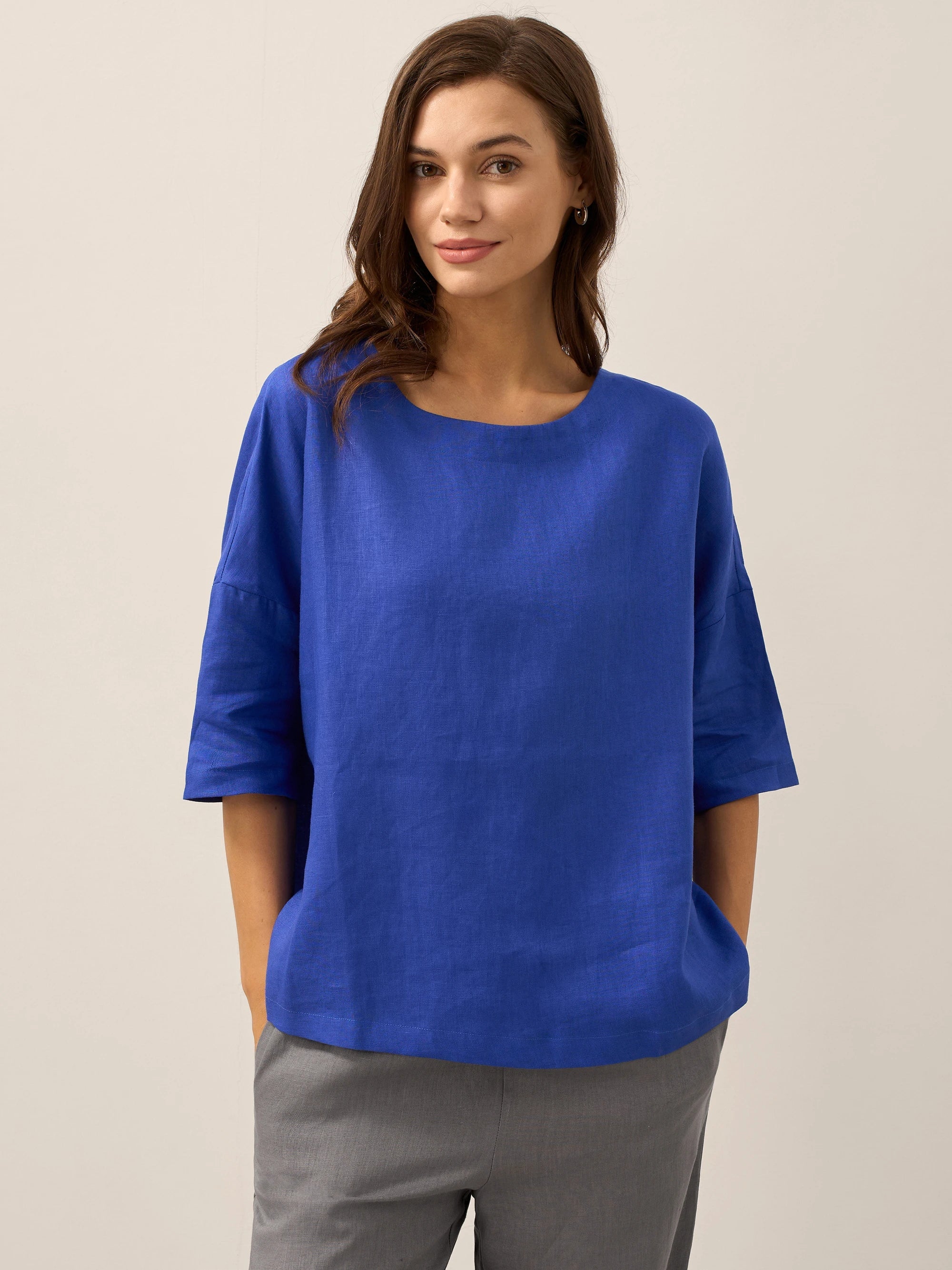 100% Linen Boatneck 3/4 Length Sleeve Top AURORA