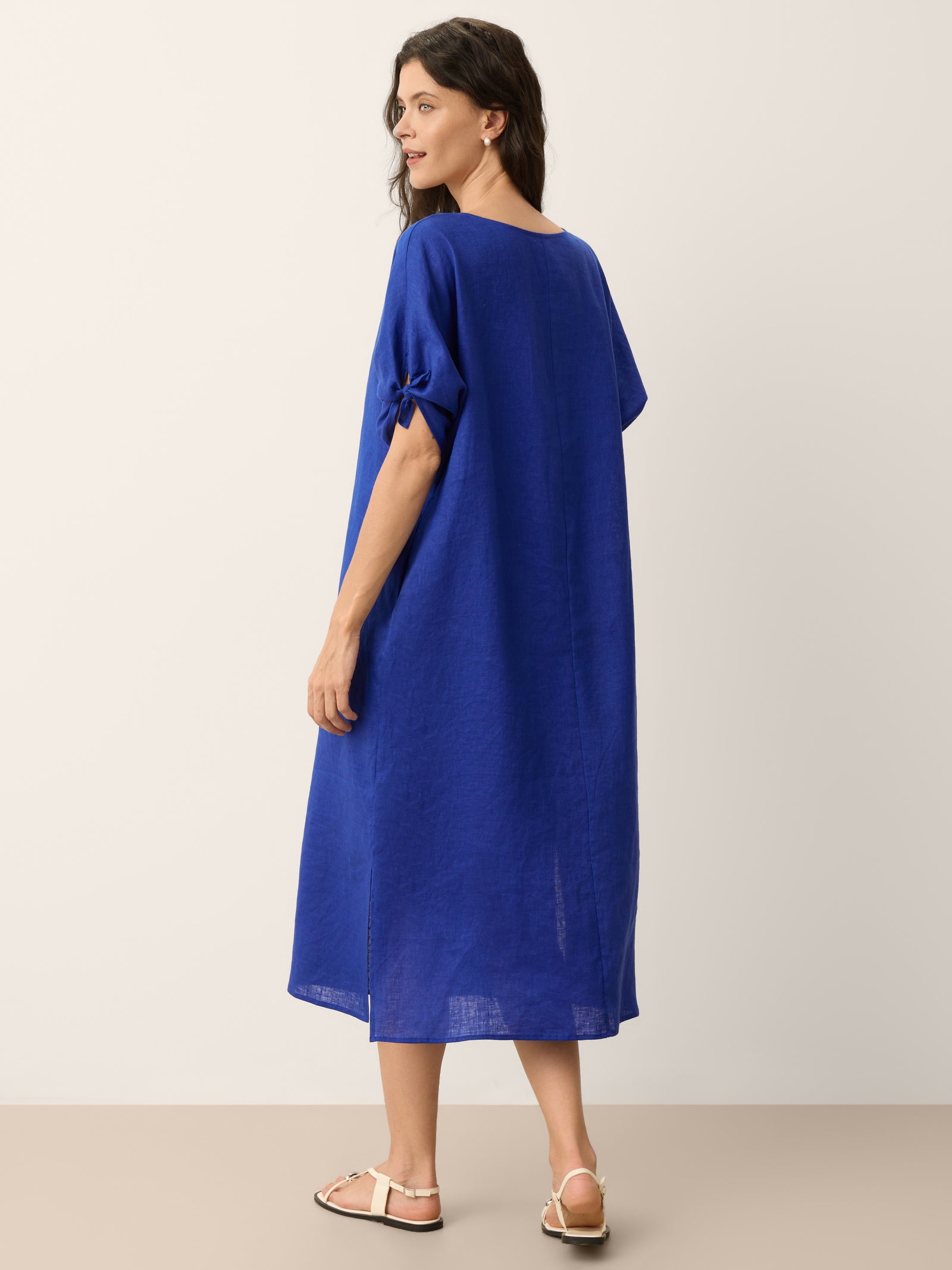 100% Linen Bow-Tie Cuff Split-Hem Midi Dress JESSAMINE