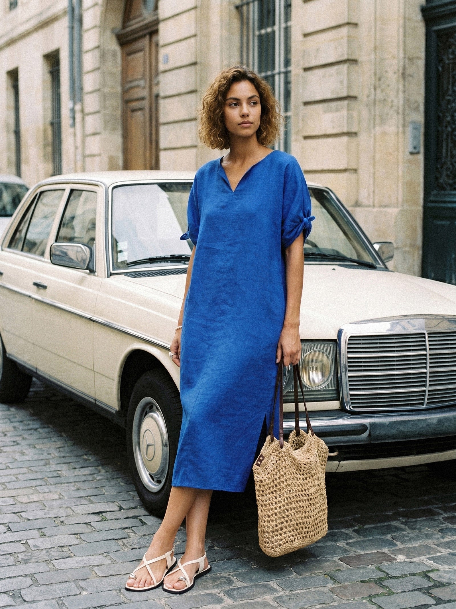 100% Linen Bow-Tie Cuff Split-Hem Midi Dress JESSAMINE