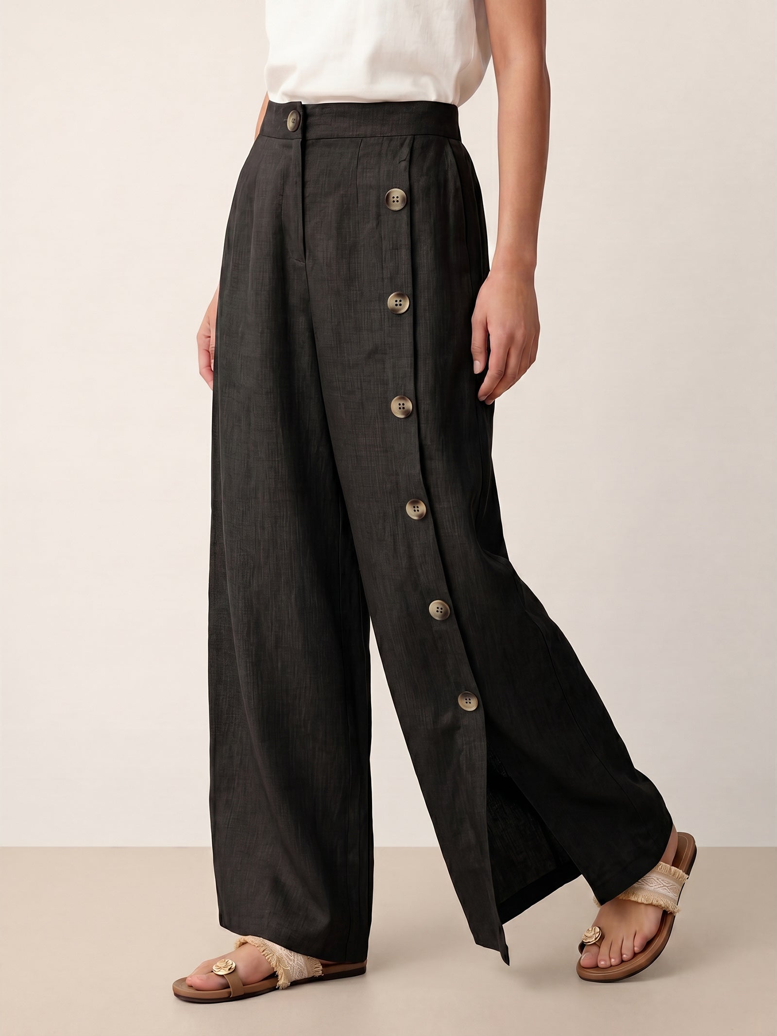 100% Linen Buttoned Slit-Hem Pants KATYA-LINTICO