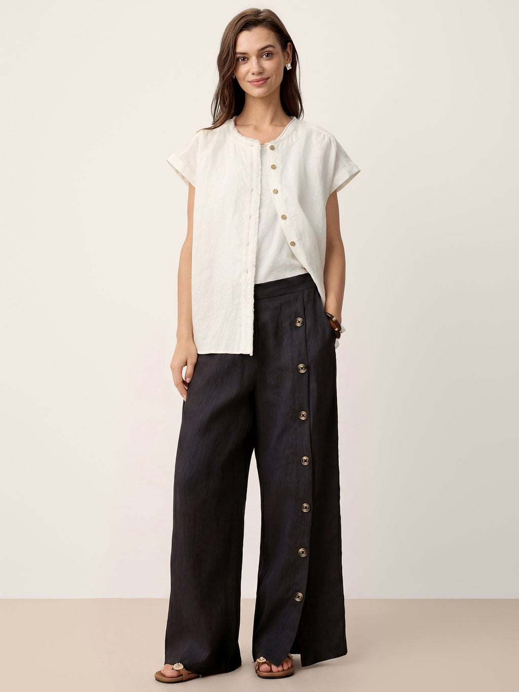 100% Linen Buttoned Slit-Hem Pants KATYA-LINTICO