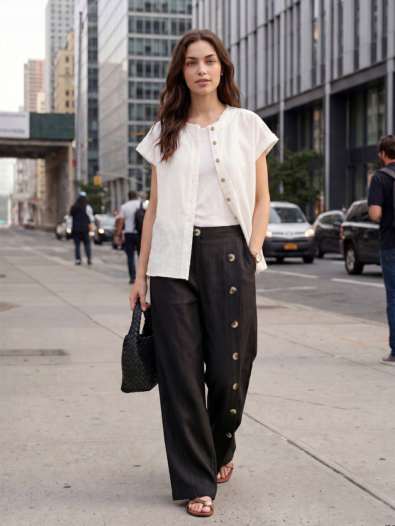 100% Linen Buttoned Slit-Hem Pants KATYA-LINTICO