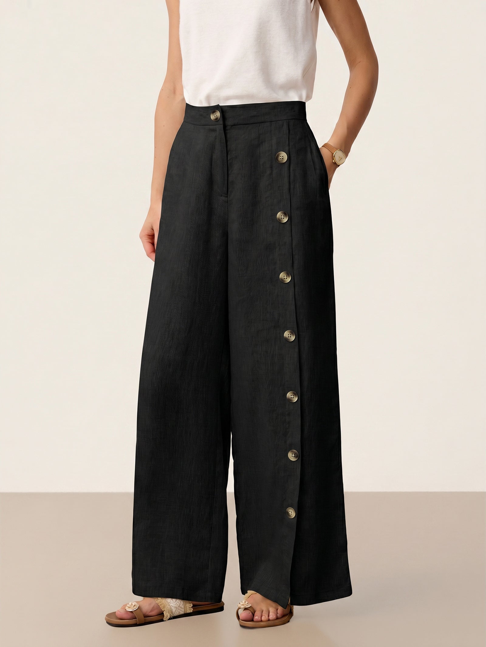 100% Linen Buttoned Slit-Hem Pants KATYA-LINTICO