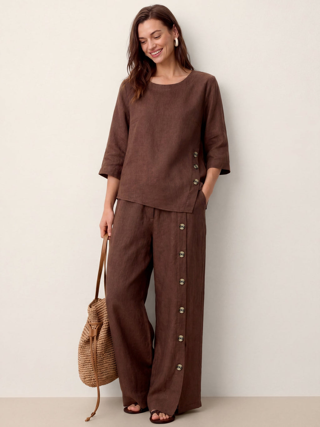 100% Linen Buttoned Slit-Hem Pants KATYA-LINTICO