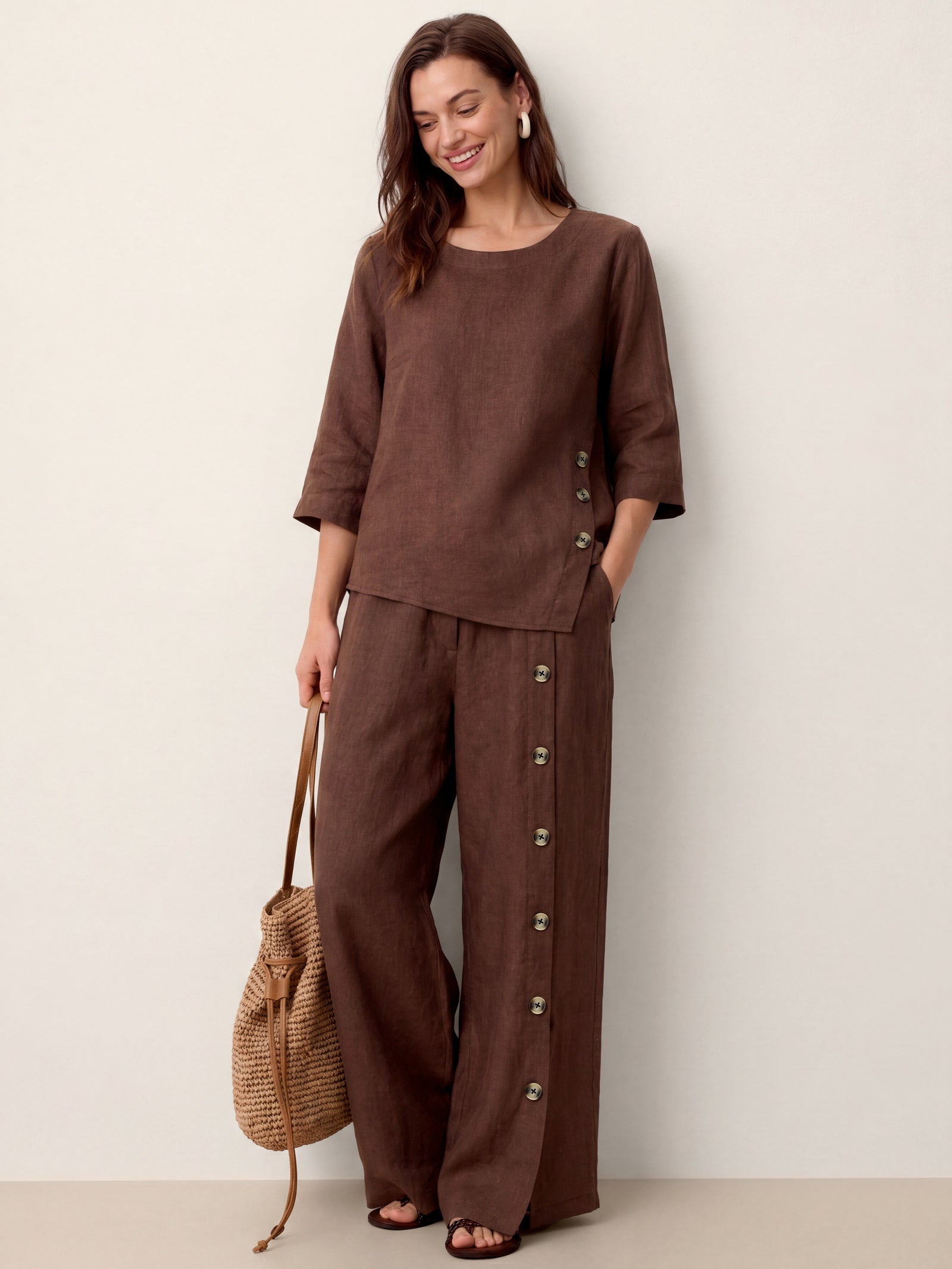 100% Linen Buttoned Slit-Hem Pants KATYA-LINTICO