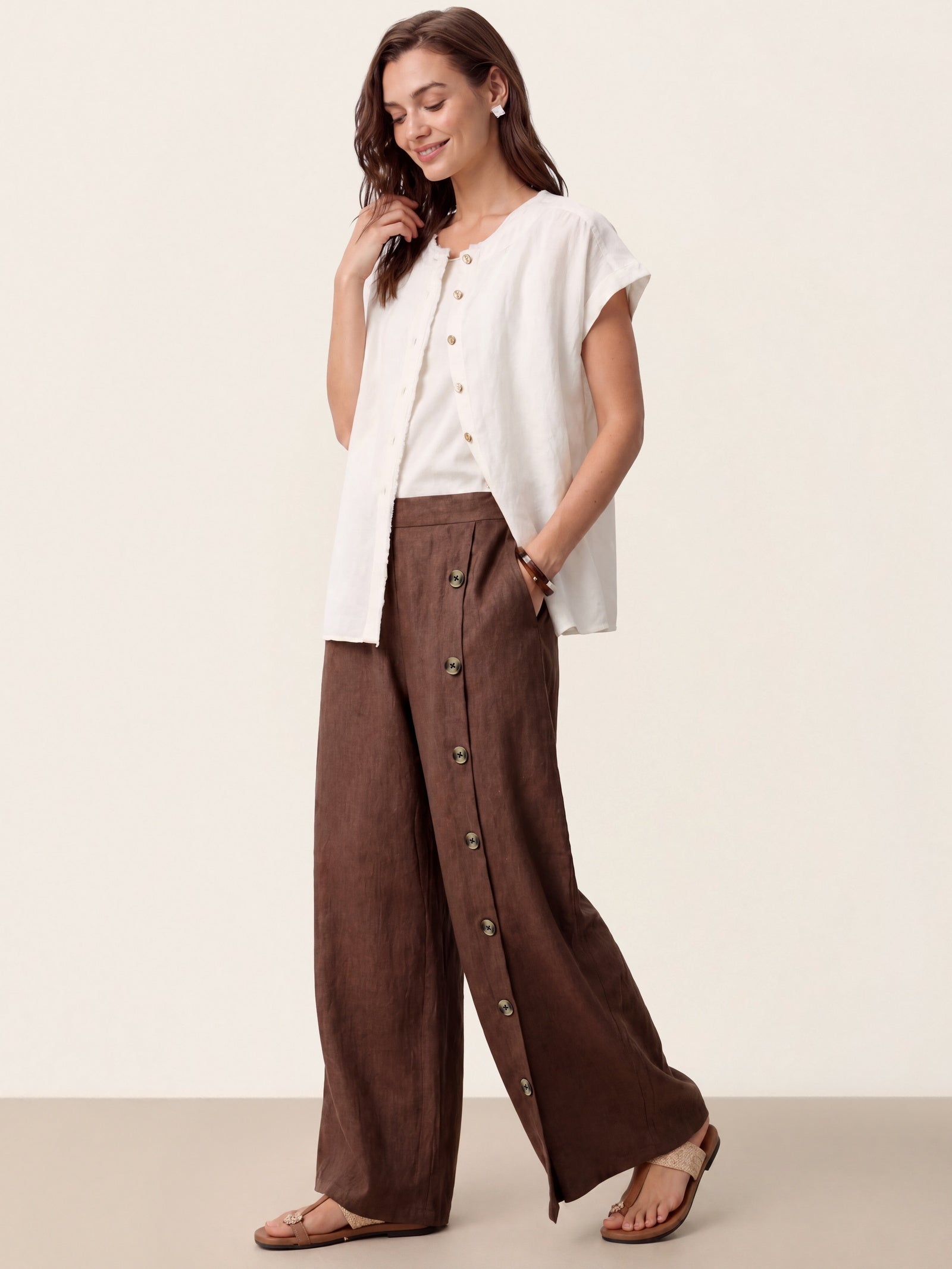 100% Linen Buttoned Slit-Hem Pants KATYA-LINTICO