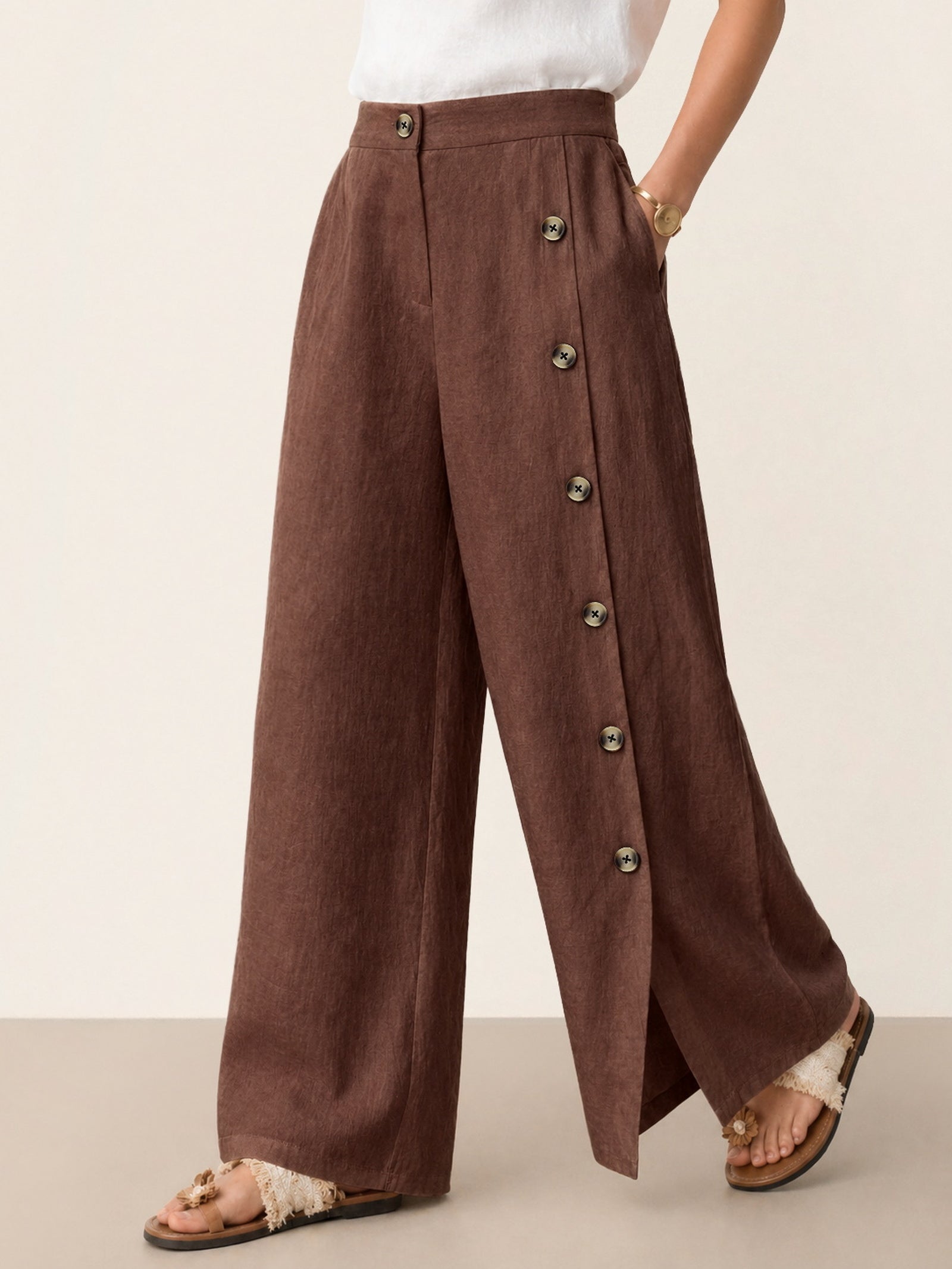 100% Linen Buttoned Slit-Hem Pants KATYA-LINTICO