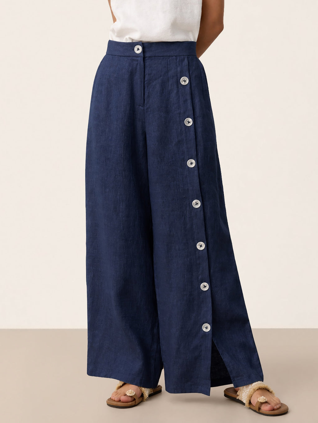 100% Linen Buttoned Slit-Hem Pants KATYA-LINTICO