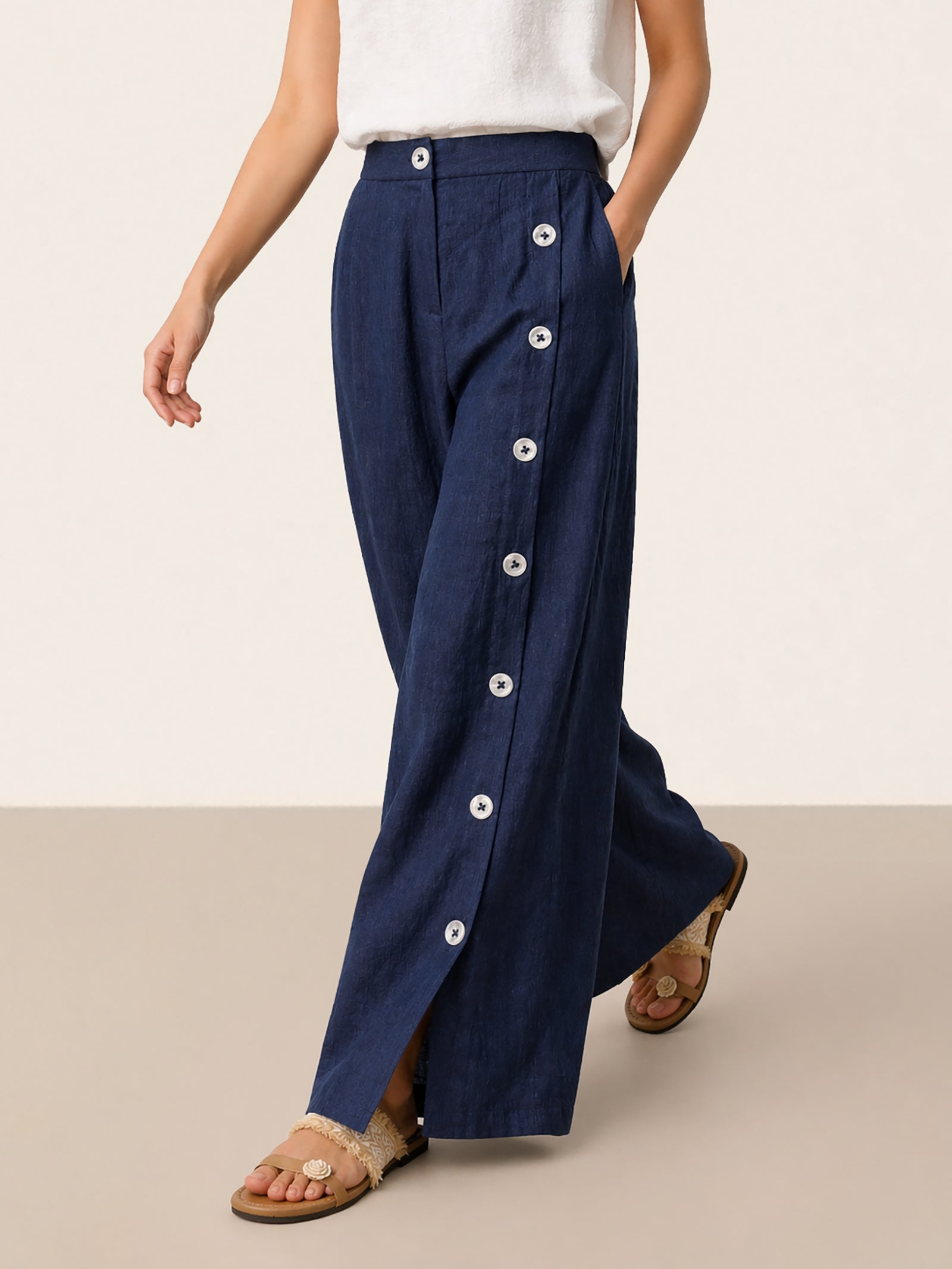 100% Linen Buttoned Slit-Hem Pants KATYA-LINTICO