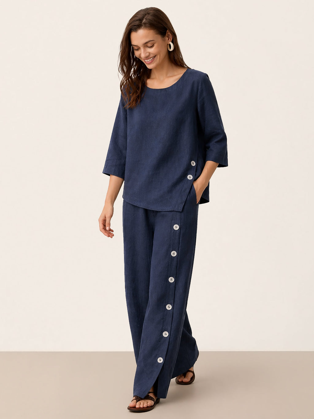 100% Linen Buttoned Slit-Hem Pants KATYA-LINTICO