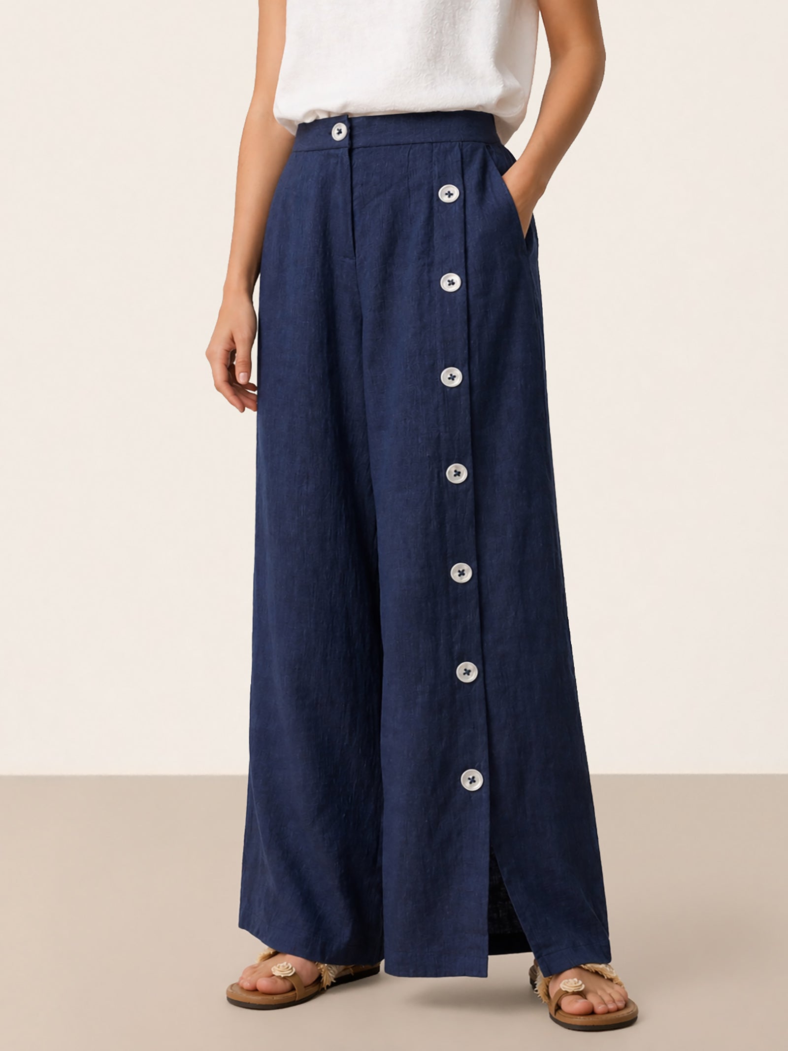 100% Linen Buttoned Slit-Hem Pants KATYA-LINTICO