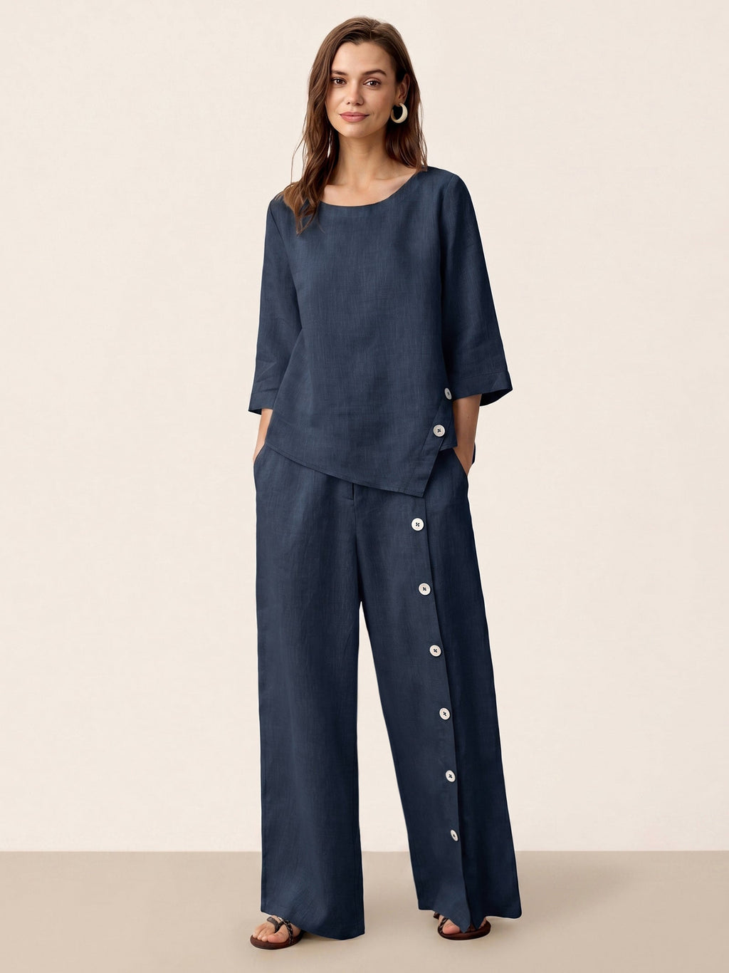 100% Linen Buttoned Slit-Hem Pants KATYA-LINTICO