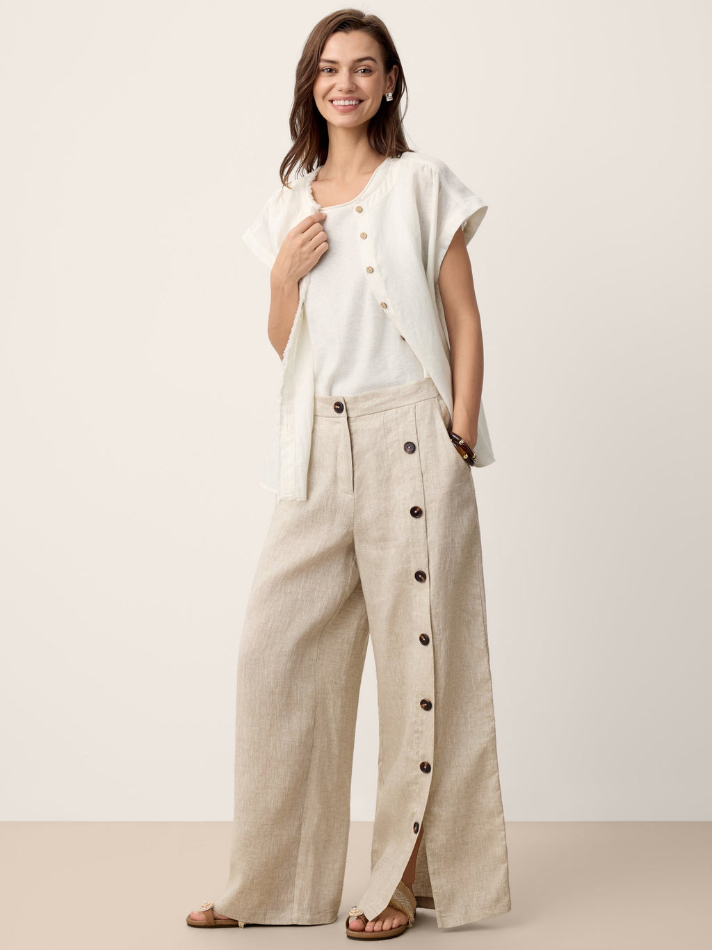 100% Linen Buttoned Slit-Hem Pants KATYA-LINTICO