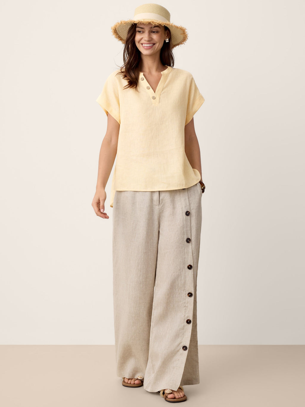 100% Linen Buttoned Slit-Hem Pants KATYA-LINTICO