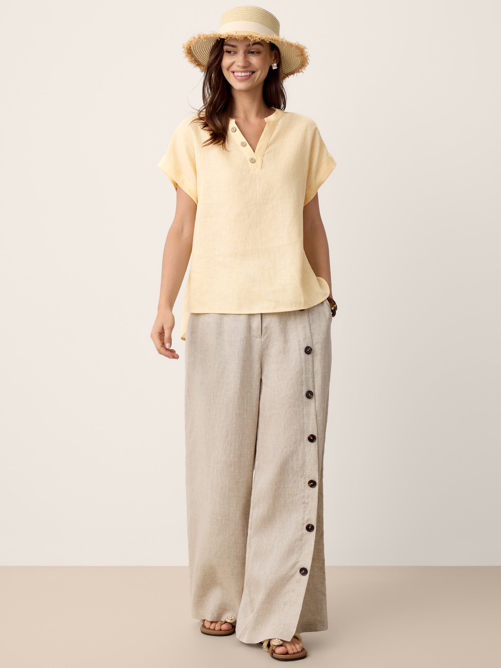 100% Linen Buttoned Slit-Hem Pants KATYA-LINTICO