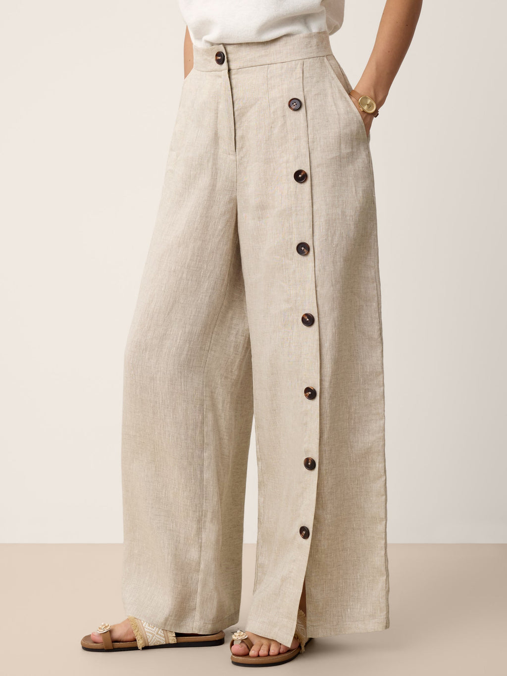 100% Linen Buttoned Slit-Hem Pants KATYA-LINTICO