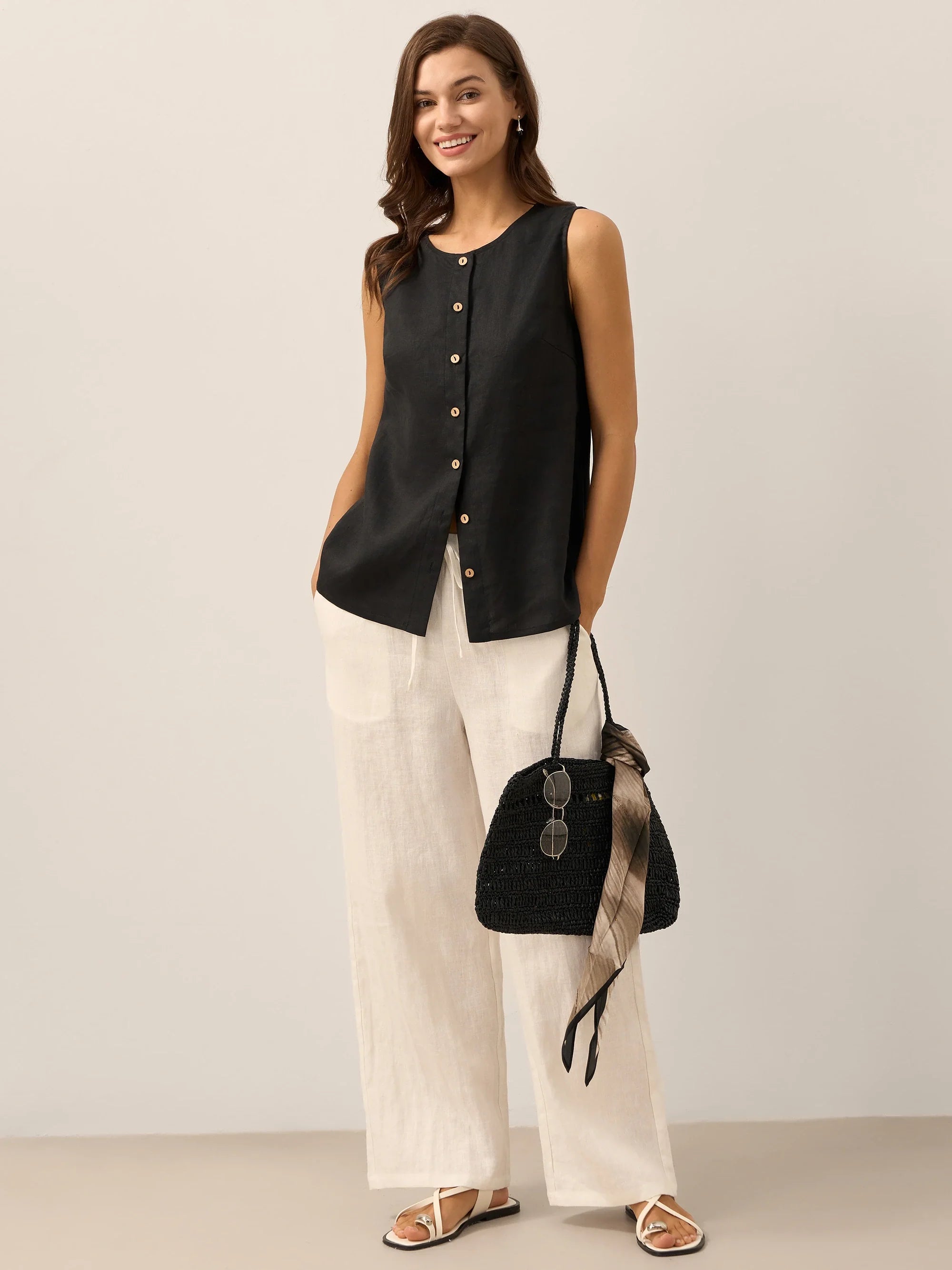 100% Linen Buttons Down Tank Top ERIN