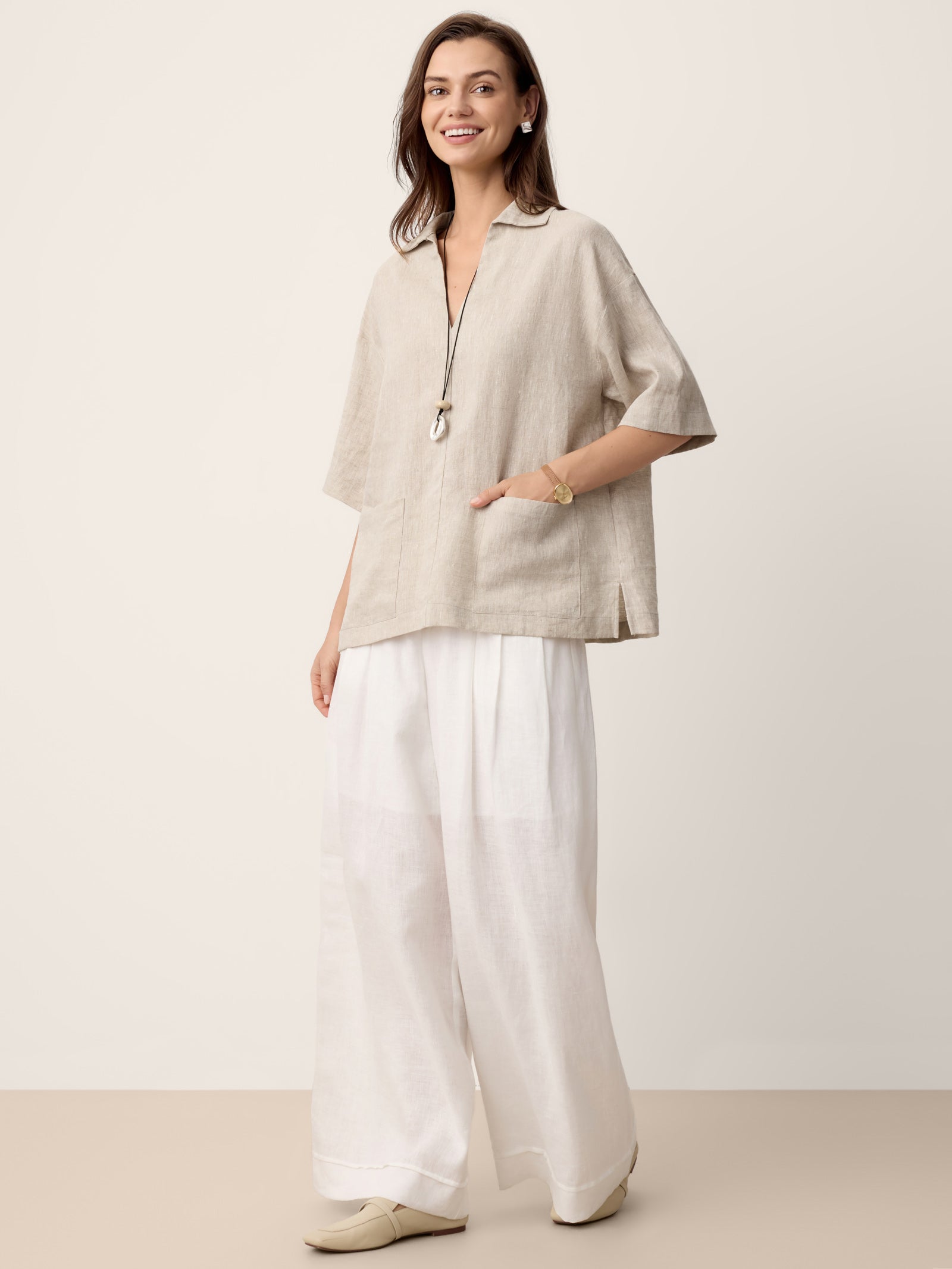 100% Linen Camp-Collar Patch-Pocket Top BRENNA