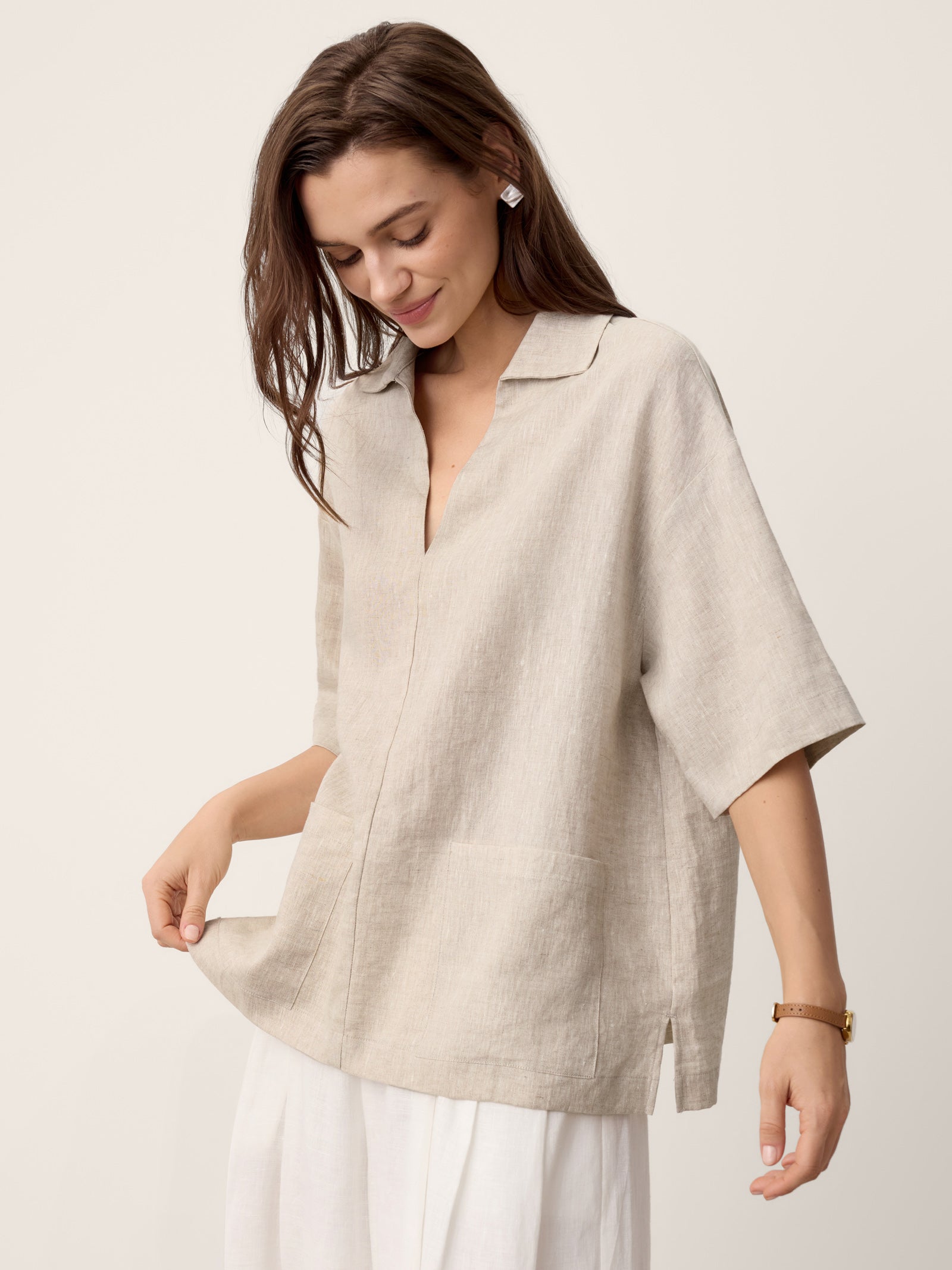 100% Linen Camp-Collar Patch-Pocket Top BRENNA