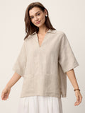 100% Linen Camp-Collar Patch-Pocket Top BRENNA