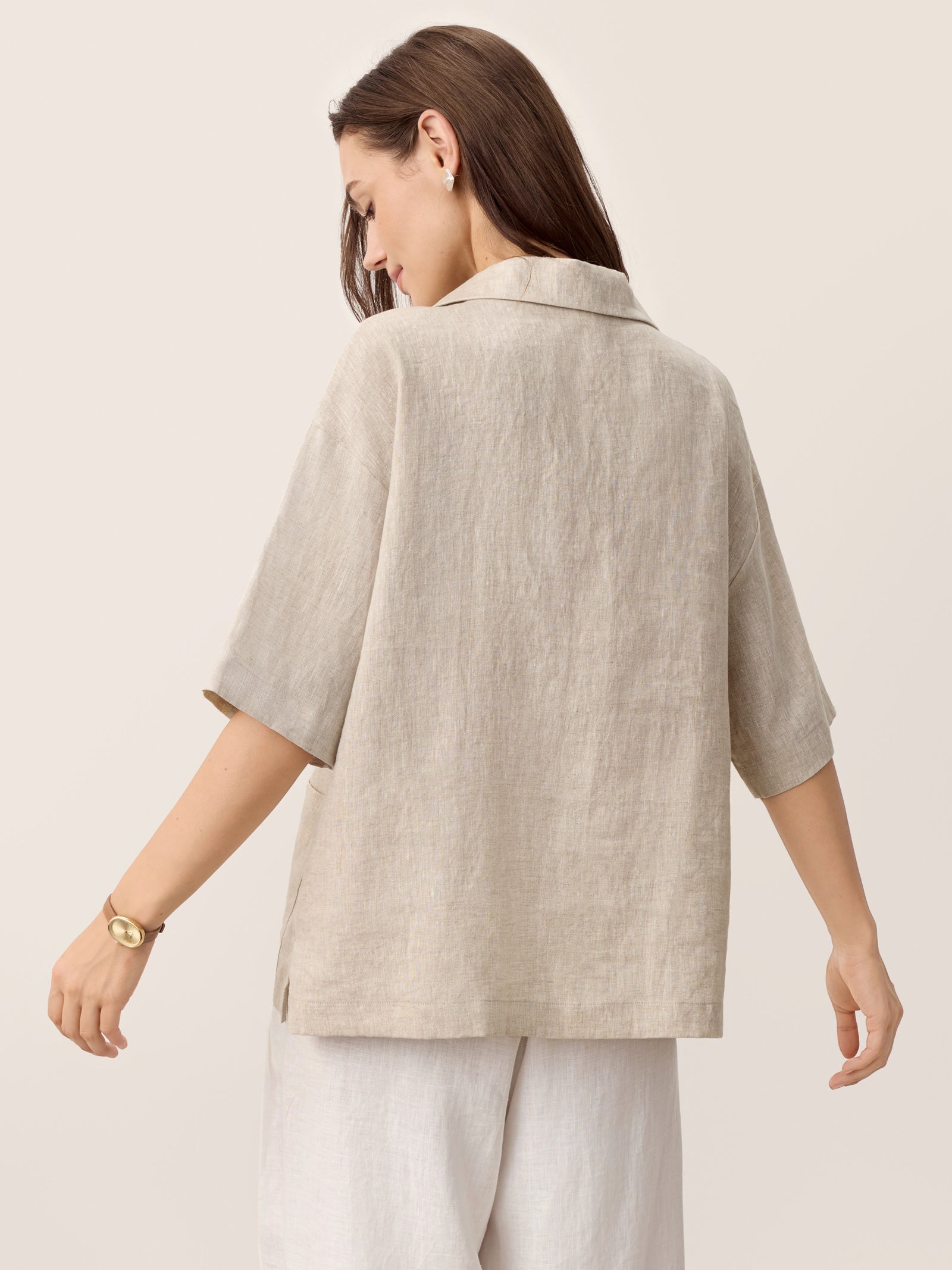 100% Linen Camp-Collar Patch-Pocket Top BRENNA