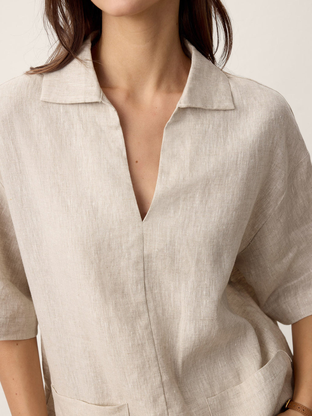 100% Linen Camp-Collar Patch-Pocket Top BRENNA