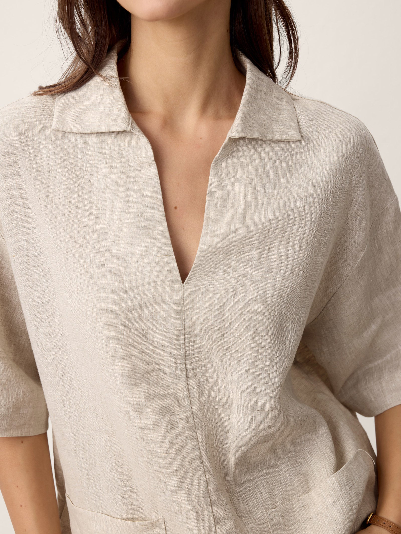 100% Linen Camp-Collar Patch-Pocket Top BRENNA