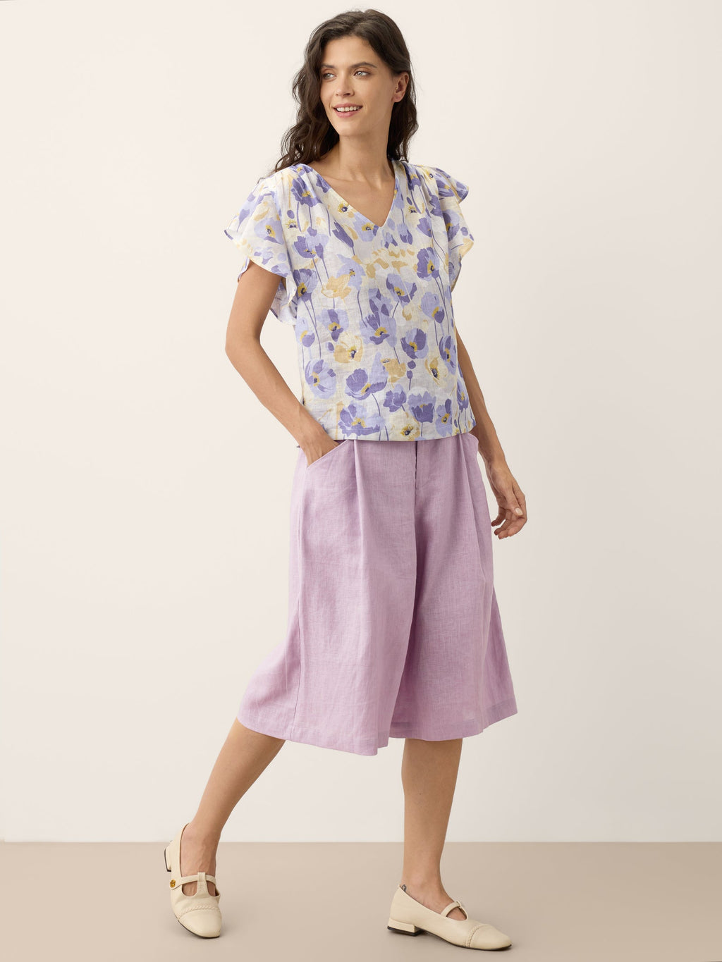 100% Linen Carnation Print Flutter Sleeve Top ELEANORA-LINTICO
