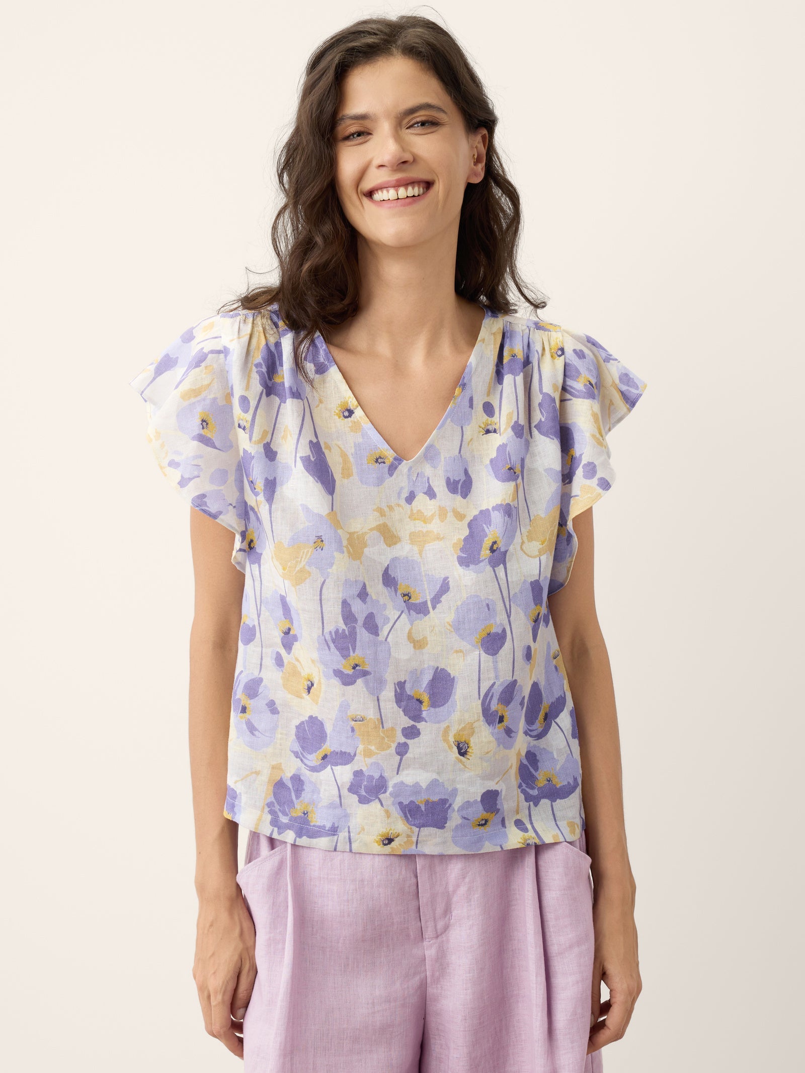 100% Linen Carnation Print Flutter Sleeve Top ELEANORA-LINTICO