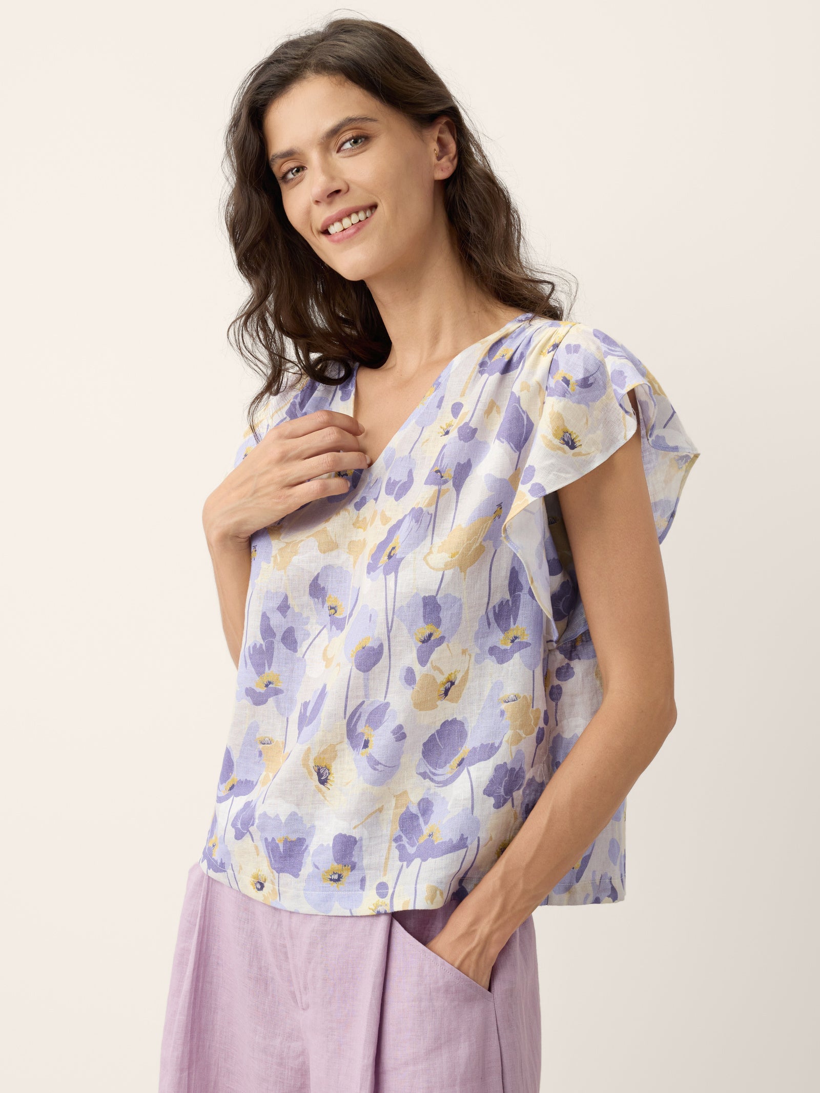 100% Linen Carnation Print Flutter Sleeve Top ELEANORA-LINTICO