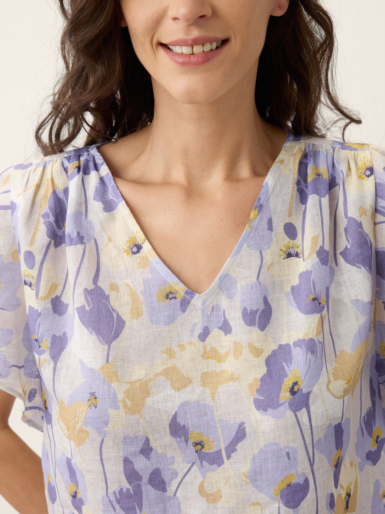 100% Linen Carnation Print Flutter Sleeve Top ELEANORA-LINTICO