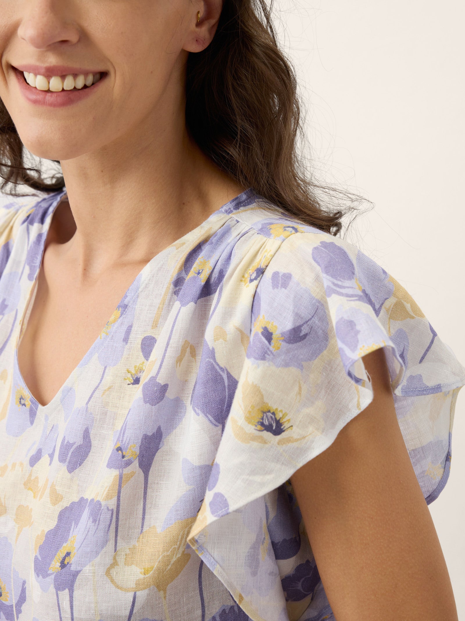 100% Linen Carnation Print Flutter Sleeve Top ELEANORA-LINTICO