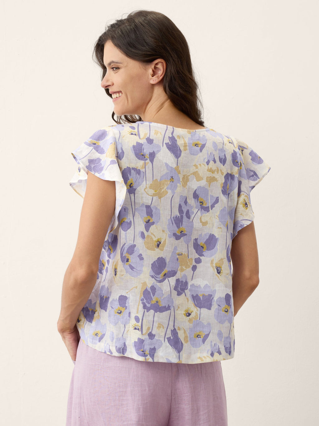 100% Linen Carnation Print Flutter Sleeve Top ELEANORA-LINTICO