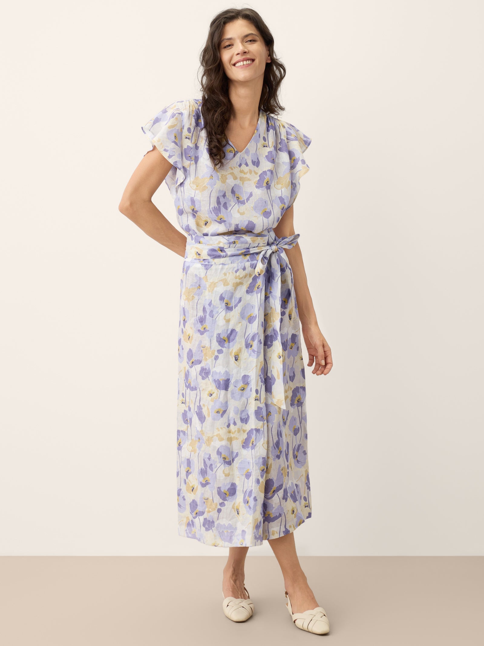100% Linen Carnation Print Flutter Sleeve Top ELEANORA-LINTICO