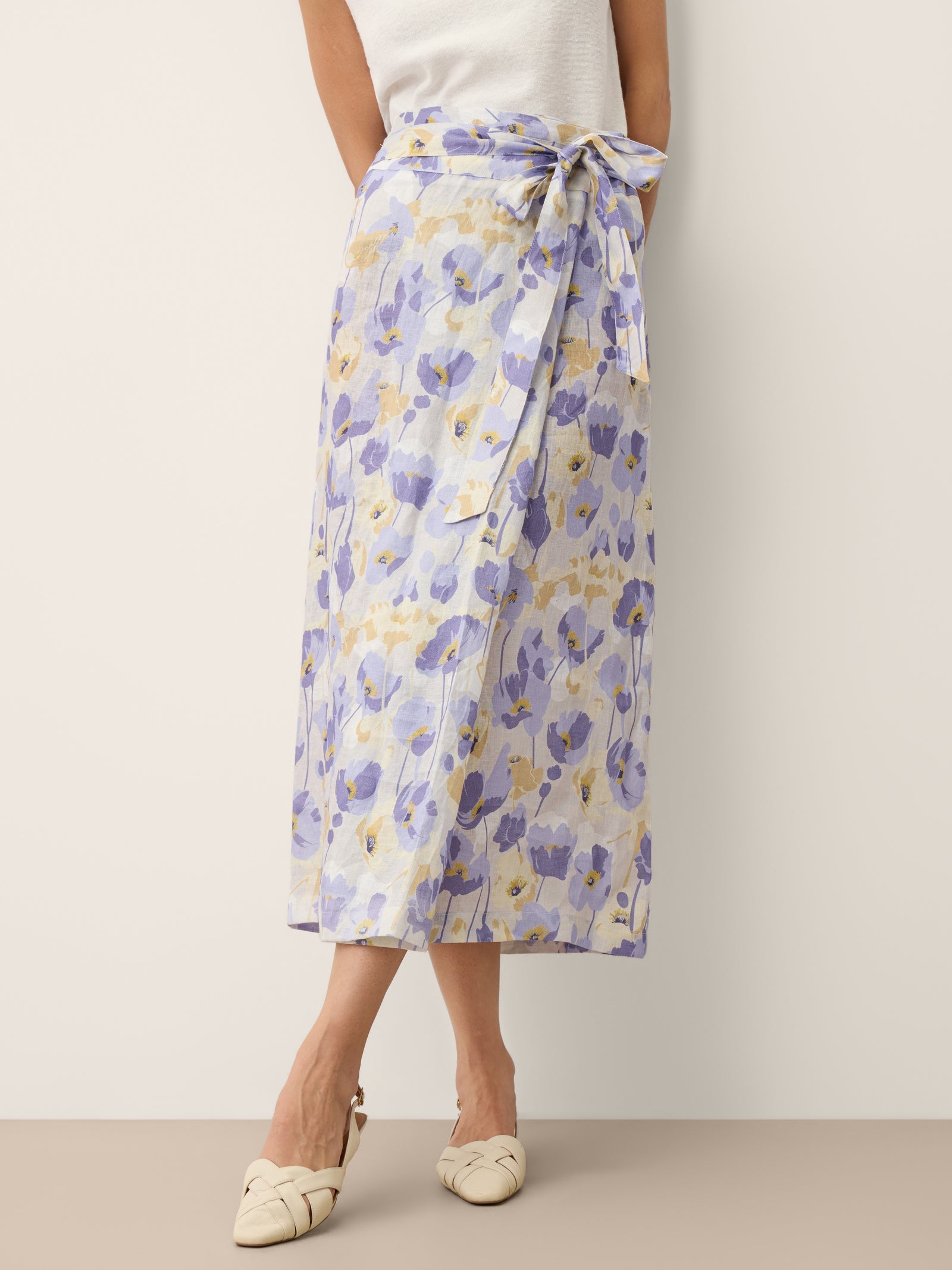 100% Linen Adjustable Wrap-Tie Carnation Print Skirt FRANCESCA-LINTICO