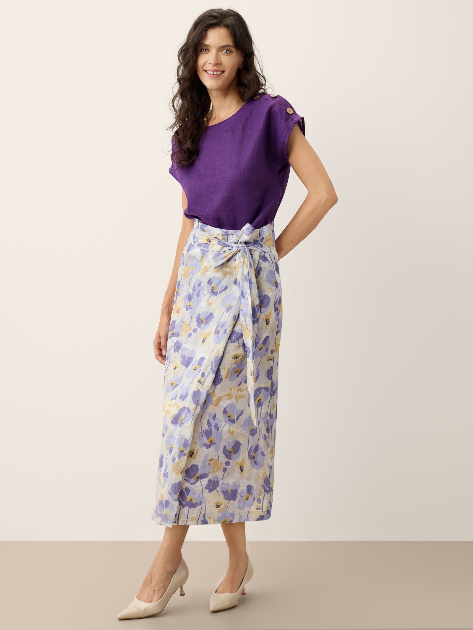 100% Linen Adjustable Wrap-Tie Carnation Print Skirt FRANCESCA-LINTICO