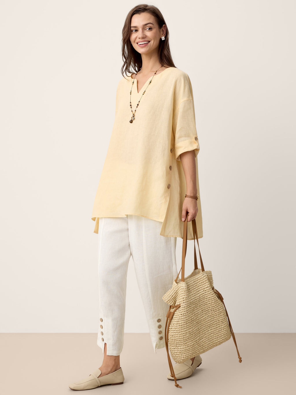 100% Linen Curved-Hem Oversized Top DAPHNEA